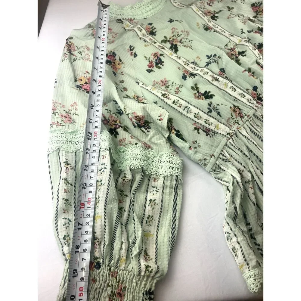 ~ Anthropologie XL Hemant & Nandita Blouse Floral Mint Lace Aqua Green Elastic - Picture 5 of 16